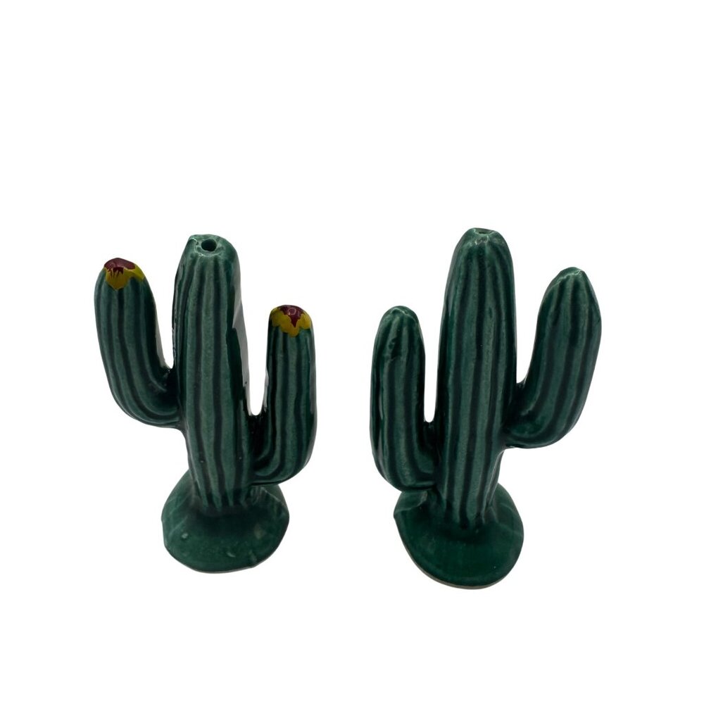 Cactus Shaped Ceramic Salt & Pepper Shakers Green With Yellow & Red Accents